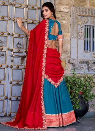Blue Vichitra Silk A - Line Lehenga Choli with Lace, Weaving and Zari Work