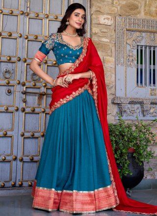 Blue Vichitra Silk A - Line Lehenga Choli with Lace, Weaving and Zari Work