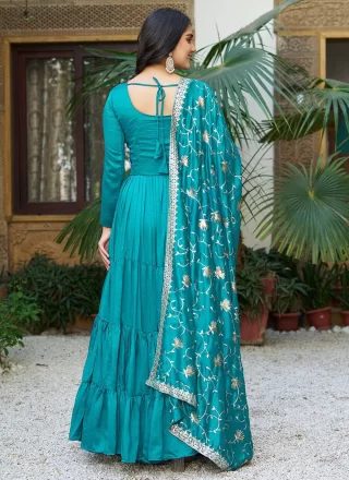 Blue Vichitra Silk  Designer Gown In Plain