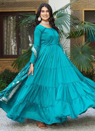 Blue Vichitra Silk  Designer Gown In Plain