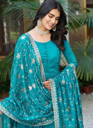 Blue Vichitra Silk  Designer Gown In Plain