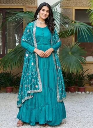 Blue Vichitra Silk  Designer Gown In Plain