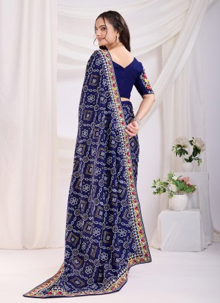 Blue Vichitra Silk Embroidered and Print Work Classic Sari for Casual