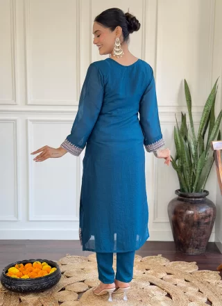Blue Vichitra Silk Embroidered Work Pant Style Suit for Casual