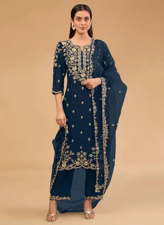 Blue Vichitra Silk Salwar Suit with Embroidered and Zari Work