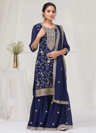 Blue Vichitra Silk Salwar Suit with Embroidered and Zari Work for Ceremonial