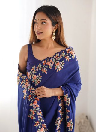 Blue Vichitra Silk Trendy Saree with Embroidered, Multi, Sequins and Thread Work for Casual