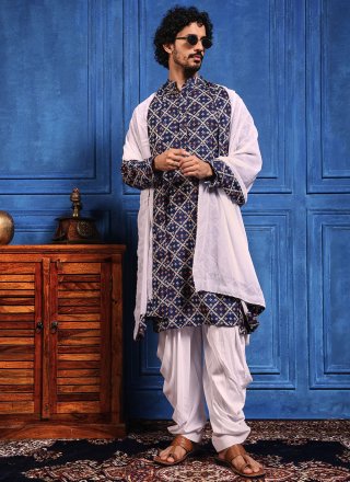Blue Viscose Dhoti Kurta with Bandhej, Chikankari, Embroidered, Lucknowi Work, Print and Sequins Work