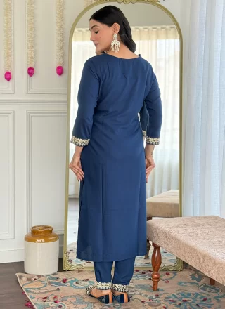 Blue Viscose Embroidered and Print Work Salwar Suit