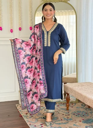 Blue Viscose Embroidered and Print Work Salwar Suit
