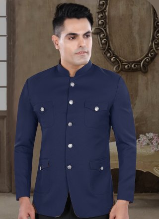 Blue Viscose Plain Work Jodhpuri Suit