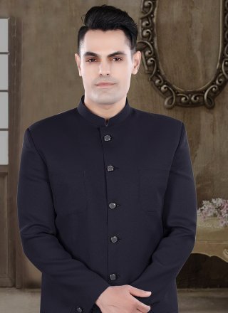Blue Viscose Plain Work Jodhpuri Suit