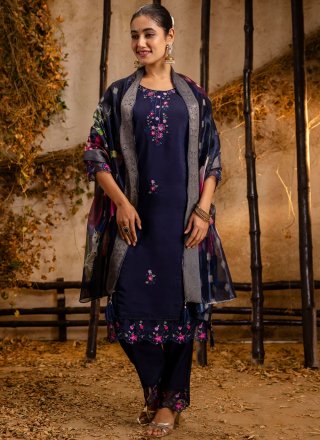 Blue Viscose Trendy Suit with Embroidered Work for Ceremonial