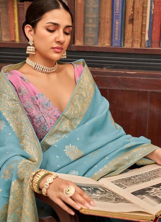 Blue Viscose Woven and Zari Work Trendy Saree for Women