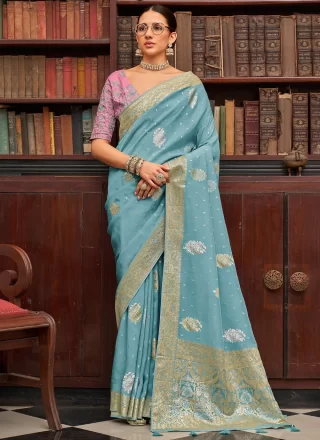 Blue Viscose Woven and Zari Work Trendy Saree for Women