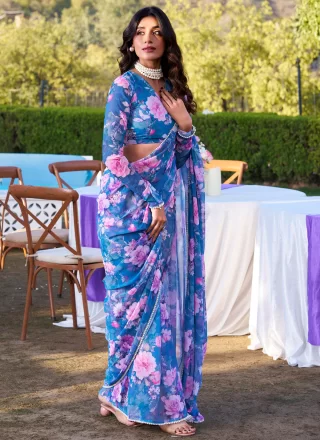 Blue Weight Less Floral Patch and Pearls Work Classic Saree for Casual