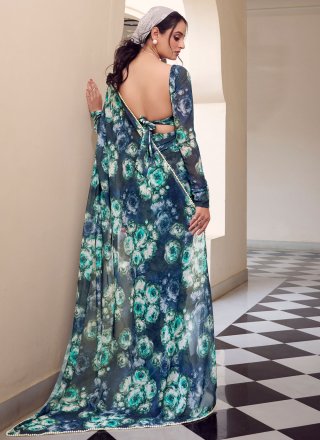 Blue Weight Less Patch Border, Floral Patch, Lace and Pearls Work Traditional Saree for Casual
