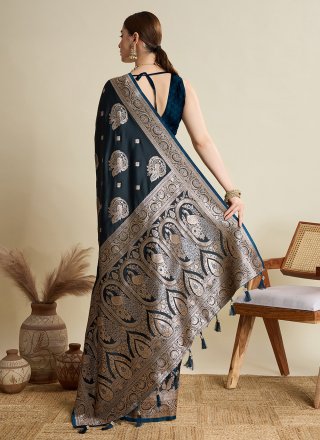 Blue Woven Work Satin Silk Classic Saree