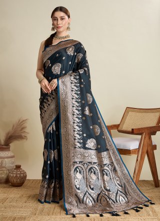 Blue Woven Work Satin Silk Classic Saree