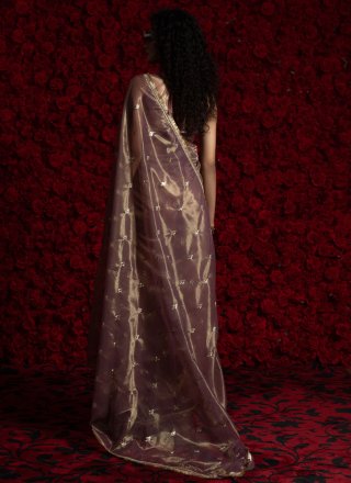 Booti and Lace Work Net Designer Sari In Grey and Purple Color