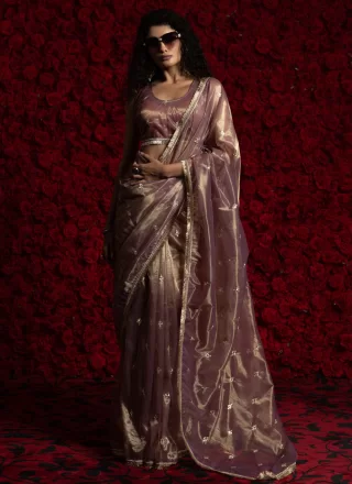 Booti and Lace Work Net Designer Sari In Grey and Purple Color