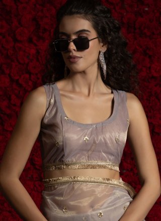 Booti and Lace Work Net Trendy Saree In Grey Color