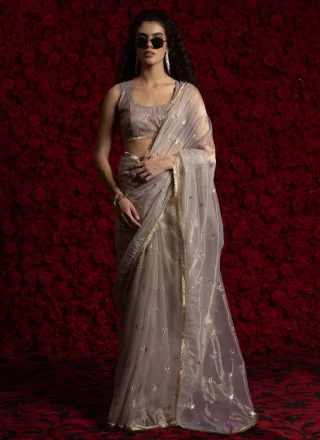 Booti and Lace Work Net Trendy Saree In Grey Color