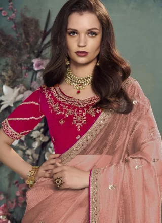 Booti, Cord, Embroidered, Sequins and Zari Work Organza Traditional Saree In Pink and Rust Colour