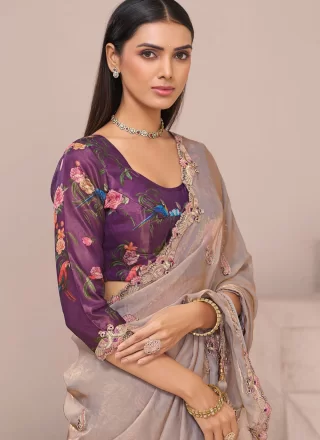 Booti, Cut, Embroidered and Zari Work Fancy Fabric Contemporary Saree In Beige and Grey