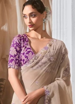 Booti, Cut, Sequins and Thread Work Fancy Fabric Traditional Saree In Beige