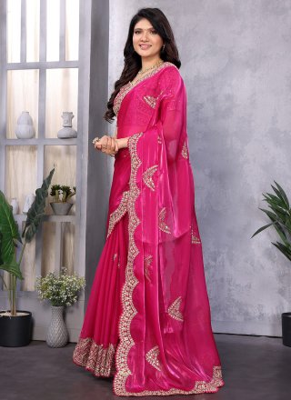 Booti, Embroidered and Sequins Work Chiffon Contemporary Sari In Hot Pink for Ceremonial