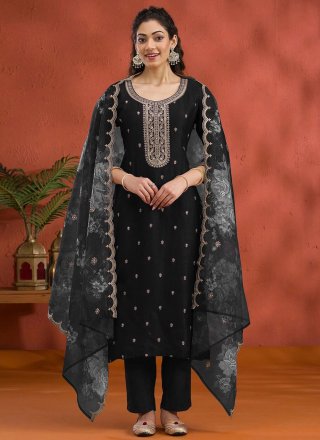 Booti, Embroidered and Zari Work Vichitra Silk Salwar Suit In Black Color