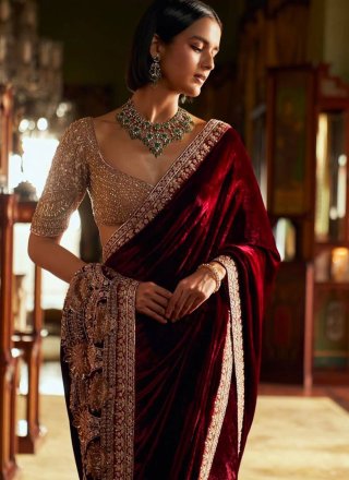 Booti, Embroidered, Fancy, Sequins, Stone and Zari Work Velvet Classic Sari In Red Colour