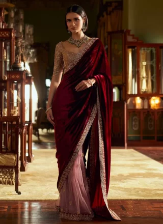 Booti, Embroidered, Fancy, Sequins, Stone and Zari Work Velvet Classic Sari In Red Colour