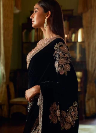 Booti, Embroidered, Fancy, Sequins, Stone and Zari Work Velvet Contemporary Sari In Black for Ceremonial
