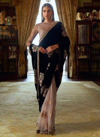 Booti, Embroidered, Fancy, Sequins, Stone and Zari Work Velvet Contemporary Sari In Black for Ceremonial