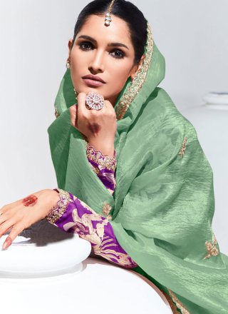 Booti, Embroidered, Sequins, Thread and Zari Work Glass Tissue Classic Sari In Sea Green for Ceremonial