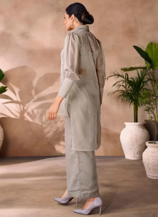 Booti Work Organza Casual Kurti In Grey Color