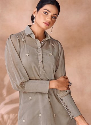 Booti Work Organza Casual Kurti In Grey Color