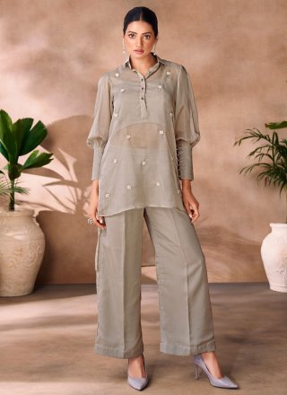 Booti Work Organza Casual Kurti In Grey Color