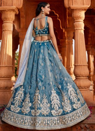 Brilliant Blue Tissue Lehenga Choli with Beads, Embroidered, Sequins, Stone and Zari Work