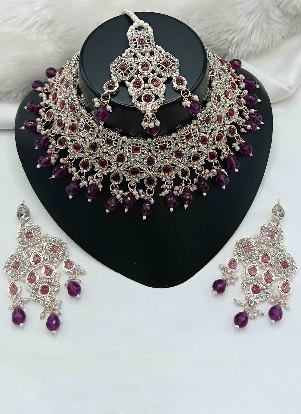 Brilliant Purple Moti and Stone Work Necklace Set