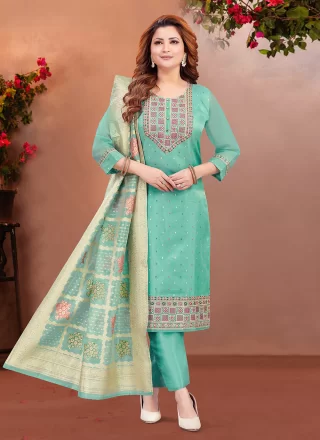 Brocade Salwar Suit In Sea Green Color
