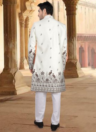 Broches and Embroidered Work Silk Sherwani Mens Wear In Cream for Ceremonial