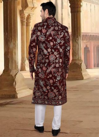 Broches, Embroidered, Sequins and Thread Work Velvet Sherwani Mens Wear In Maroon Color