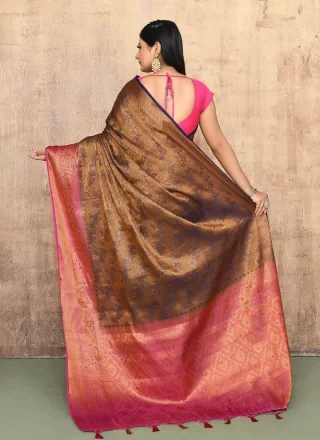 Brown and Blue Kanjivaram Silk Hand Work Contemporary Sari for Ceremonial