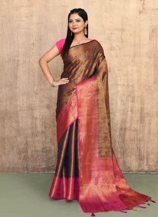 Brown and Blue Kanjivaram Silk Hand Work Contemporary Sari for Ceremonial