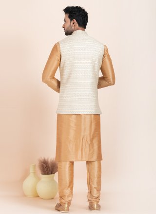 Brown and Cream Banarasi Silk Kurta Payjama with Jacket with Jacquard Work