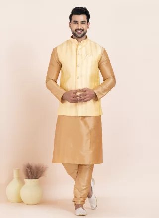 Brown and Gold Banarasi Silk Jacquard Work Kurta Payjama with Jacket