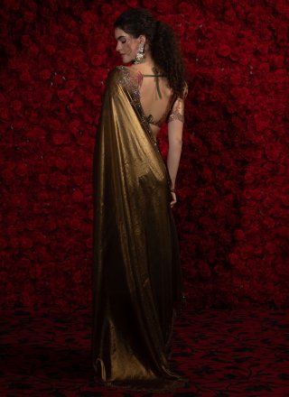 Brown and Green Satin Silk Zircon Work Classic Sari for Ceremonial